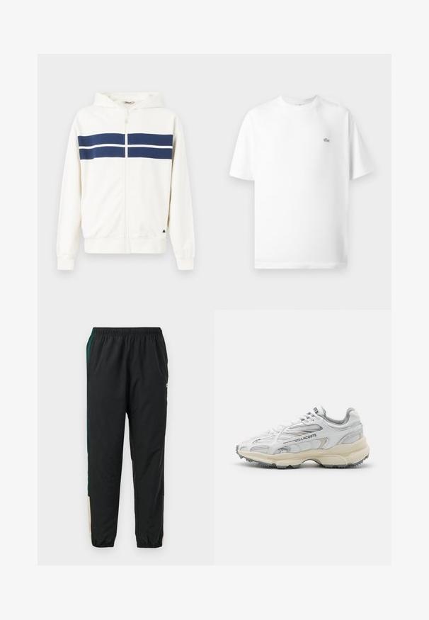 Sudadera blanca con cremallera y rayas horizontales azul marino en el pecho y en las mangas. Tiene capucha y puños acanalados en las muñecas.; Camiseta de algodón blanca con cuello redondo y mangas cortas. Presenta un pequeño logo negro de Lacoste en el lado izquierdo del pecho.; Pantalones de chándal negros con cintura elástica, con paneles laterales verdes y beiges y un diseño de pierna ajustada. Están hechos de material ligero.; Zapatillas deportivas blancas con detalles en gris, parte superior de malla y sintético, diseño de cordones, y suela de goma texturizada con patrones de tracción.