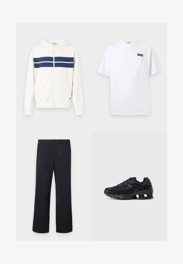 Weiße Zip-up-Hoodie mit navyblauen horizontalen Streifen über der Brust und an den Ärmeln. Verfügt über eine Kapuze und gerippte Bündchen an den Handgelenken.; Weißes T-Shirt mit kurzen Ärmeln und einem kleinen schwarzen Columbia-Logo-Patch auf der oberen linken Brustseite vor einfarbigem Hintergrund.; Schwarze Hose mit geradem Bein, elastischem Bund und einem Knopf über dem Reißverschluss, flach auf weißem Hintergrund ausgelegt.; Schwarzer Sportschuh mit Obermaterial aus Mesh, gepolstertem Kragen und hervorgehobener Dämpfungstechnologie an der Ferse. Verfügt über strukturierte Akzente und Schnürsenkel.