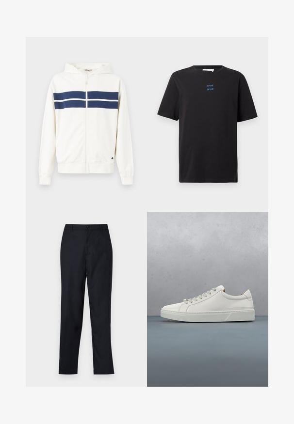Hvid zip-up hoodie med marineblå vandrette striber over brystet og på ærmerne. Har en hætte og ribbede manchetter ved håndleddene.; Sort kortærmet T-shirt med rund hals og lille blåt "SAMSOE SAMSOE" tekstlogo centreret på brystet.; Marineblå bukser lavet af glat stof, med lige ben design, en enkelt knaplukning og subtile forfald i fronten.; Hvid lædersneaker med rund tå, minimalistisk design, grå snørebånd og en tekstureret grå gummisål. Subtile syningsdetaljer er synlige.