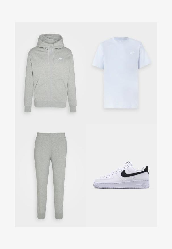 Grau farbener Zip-Hoodie aus weichem Stoff. Verfügt über eine Fronttasche, eine Kapuze mit Kordelzug und ein kleines weißes Nike-Logo auf der Brust.; Hellblaue Baumwoll-T-Shirt mit kurzen Ärmeln, Rundhalsausschnitt und einem weißen Nike-Logo, das auf der linken Brust gedruckt ist. Glatte Textur, schlichtes Design.; Graue Sweatpants aus weichem Stoff, mit schmal zulaufendem Bein, elastischem Bund und kleinem weißen Nike-Logo am linken Oberschenkel.; Weißes Leder-Sneaker mit einem strukturierten schwarzen Swoosh, flachen Schnürsenkeln und einer Gummisohle mit genoppetem Muster. "AIR" ist auf der Ferse eingeprägt.