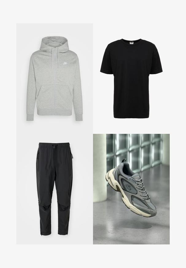 Grau farbener Zip-Hoodie aus weichem Stoff. Verfügt über eine Fronttasche, eine Kapuze mit Kordelzug und ein kleines weißes Nike-Logo auf der Brust.; Schwarzes Baumwoll-T-Shirt mit Rundhalsausschnitt, kurzen Ärmeln, normaler Passform, glatter Textur und ohne sichtbare Muster oder Akzente.; Schwarze leichte Hose mit elastischem Bund, Kordelzug, seitlichen Reißverschlusstaschen, vorgeformten Knien und Reißverschlüssen an den Knöcheln.; Grauer und weißer Sneaker mit Mesh- und Lederpaneelen, schwebend über einem polierten Betonboden vor einer Wand aus Glasbausteinen.