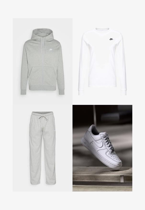 Grau farbener Zip-Hoodie aus weichem Stoff. Verfügt über eine Fronttasche, eine Kapuze mit Kordelzug und ein kleines weißes Nike-Logo auf der Brust.; Weißes Langarm-T-Shirt aus Baumwolle mit kleinem schwarzem Nike-Logo auf der linken Brust und rundem Halsausschnitt. Glatte Textur.; Helle graue Sweatpants aus weichem Stoff. Mit einem elastischen Bund und Kordelzug sowie dem schwarzen Nike-Logo auf dem linken Oberschenkel.; Weißer Nike Air Force 1 Sneaker aus Leder mit perforierter Zehenpartie, flachen Schnürsenkeln und strukturierter Gummisohle mit "AIR"-Branding an der Seite.