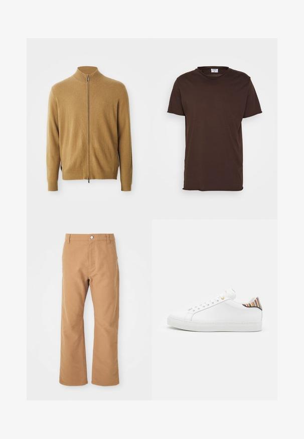 Kamelivärinen koko vetoketjullinen neuletakki, jossa on korkea kaulus, pitkät hihat, joustavat hihansuut ja hillitty brodeerattu logo rinnassa.; Filippa K ROLL NECK TEE - T-paita - dark choco; Ruske puuvillahousut suoran lahkeen suunnittelulla, jossa on yksittäinen nappikiinnitys ja hienovaraiset ompeleet lisäyksinä.; Valkoinen nahkakengät, joissa on sileä pinta, värikkäällä raidallisella yksityiskohdalla kannassa, kultaisella nyörilenkillä ja litteällä valkoisella pohjalla.
