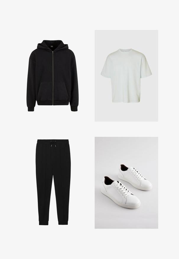 Urban Classics VINTAGE - Mikina so zipsom - black; Selected SLMLOOSEOSCAR - Základné tričko - ice melt; Čierne športové nohavice s úzkym pásom a zaväzovaním, zúženými nohavicami a rebrovanými manžetami. Vyrobené z mäkkej tkaniny s hladkou textúrou.; Biele kožené tenisky s nízkym profilom, perforovanými stranami, plochými šnúrkami a kontrastnou hnedou vnútornou výstelkou. Gumená podrážka s textúrovaným vzorom.