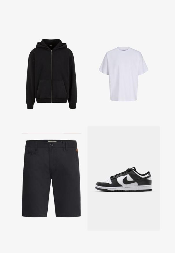 Urban Classics VINTAGE - Mikina so zipsom - black; Jednoduché biele veľké tričko s krátkym rukávom, okrúhlym výstrihom a voľným strihom na bielom pozadí.; Čierne šortky z bavlnenej zmesi, s rovnými prednými nohavicami, bočnými vreckami a malým logom na páske.; Čierno-biele tenisky Nike Dunk s koženým vrchom, perforovanou špičkou, čiernymi šnúrkami a čiernou gumovou podrážkou s dezénom.