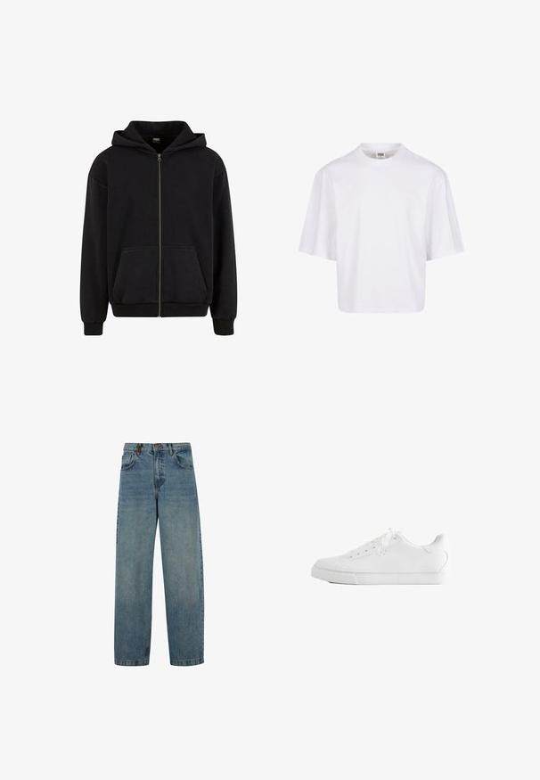 Urban Classics VINTAGE - Sweatjakke - black; Hvid t-shirt med korte ærmer, der har en rund halsudskæring og en afslappet pasform, lavet af et glat bomuldsblandingsstof. Ingen mønstre eller udsmykninger.; Falmede blå denimjeans med lige ben-design, fem-lomme stil og knaplukning. Materialet viser let tekstur og slid.; Hvid lavtop sneakers med snørebånd, glat læderoverdel og flad gummiå sole set fra siden på en hvid baggrund.