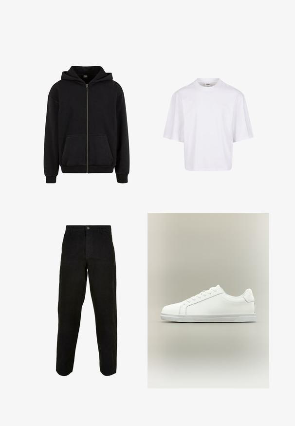 Urban Classics VINTAGE - Lukuga pusa - black; Valge lühikeste varrukatega T-särk, millel on ümar kaelus ja vaba lõige, valmistatud siledast puuvilla segust. Ilma mustrite ja kaunistusteta.; Mustadest puuvillast püksid sirge säärekujundusega, millel on esine nööbid ja küljetaskud. Sile tekstuur, ilma nähtavate mustriteta.; Madal valge tennisejalanõu paeltega esiküljel ja tekstuuriga kummist tallaga, neutraalse ühevärvilise tausta ees.
