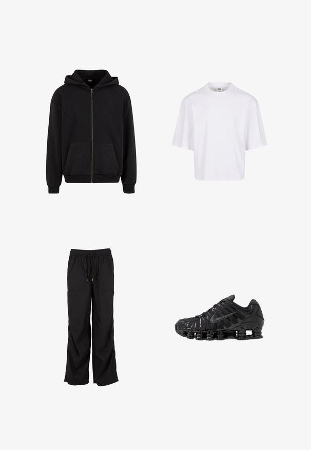 Urban Classics VINTAGE - Sweatjakke - black; Hvid t-shirt med korte ærmer, der har en rund halsudskæring og en afslappet pasform, lavet af et glat bomuldsblandingsstof. Ingen mønstre eller udsmykninger.; Sorte cargobukser med afslappet pasform, der har en elastisk talje med snøre, to forlommer og en glat bomuldstekstur.; Sorte atletikskoser lavet af mesh og syntetiske materialer, med et karakteristisk bølget design, sort gummisål og reflekterende detaljer.