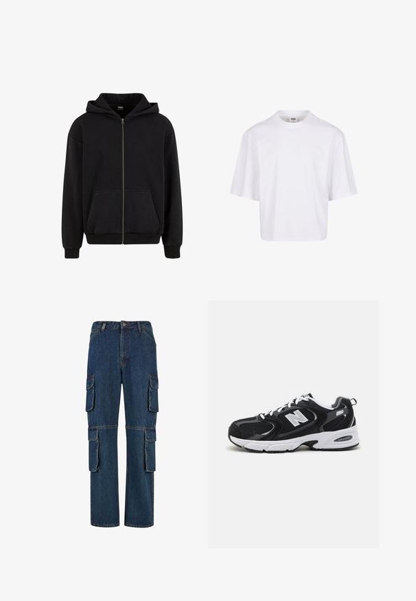 Urban Classics VINTAGE - Lukuga pusa - black; Valge lühikeste varrukatega T-särk, millel on ümar kaelus ja vaba lõige, valmistatud siledast puuvilla segust. Ilma mustrite ja kaunistusteta.; Tumed sinine denim kangas, millel on mitmed küljerakendused, sirge jala disain ja kontrastne õmblus. Vastupidav kangas klassikalise lõikega.; Must värvi ja hallid spordijalatsid, mille ülemine osa on valmistatud võrgust ja nahast, valge vaheosaga, paeltega ja küljel julge "N" logo.