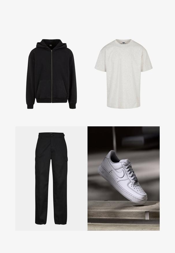 Urban Classics VINTAGE - Sweatjakke - black; Lys grå bomulds T-shirt med kortærmer, rund halsudskæring og afslappet pasform. Tekstureret stof med et subtilt meleret mønster.; Sorte cargo bukser med lige pasform, der har sidelommer, knaplukning og elastiske manchetter ved anklerne. Fremstillet af slidstærkt stof.; Hvid læder Nike Air Force 1 sneaker med perforeret tå, flade snørebånd og tekstureret gummisål med "AIR" branding på siden.