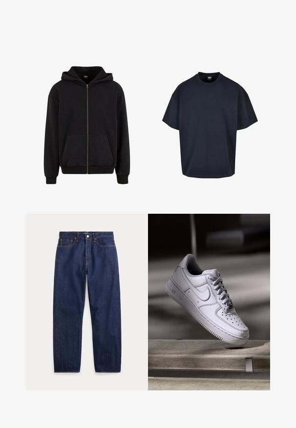 Urban Classics VINTAGE - Sweatjakke - black; Urban Classics ULTRA HEAVY OVERSIZED - T-shirts basic - midnightnavy; Mørkeblå denimjeans med lige ben, fem lommer, knaplukning og synlige syninger.; Hvid læder Nike Air Force 1 sneaker med perforeret tå, flade snørebånd og tekstureret gummisål med "AIR" branding på siden.