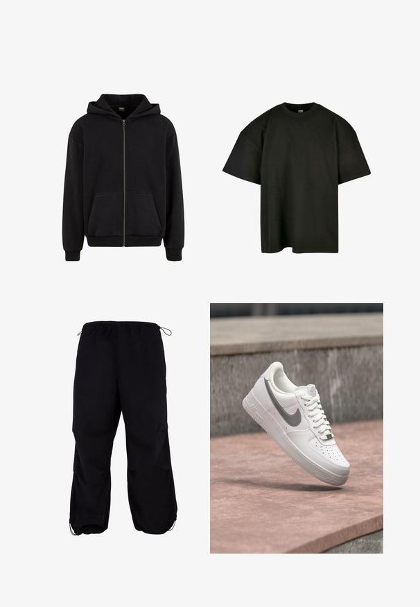 Urban Classics VINTAGE - Lukuga pusa - black; Must värvi suur lõikega t-särk pehmest puuvillast. Omab ümmargust klassikalist kaelaauku ja lühikesi varrukaid, sileda tekstuuri ja minimalistlikku disaini.; Mustad, vabalt istuvad cargo-püksid elastse vöö ja reguleeritava nööriga. Omavad lukuga taskuid ja pahkluude mansette.; Valge Nike Air Force 1 toss hallika Nike logoga, hõljumas kivil pinnal ja halli kivitahvli taustal.