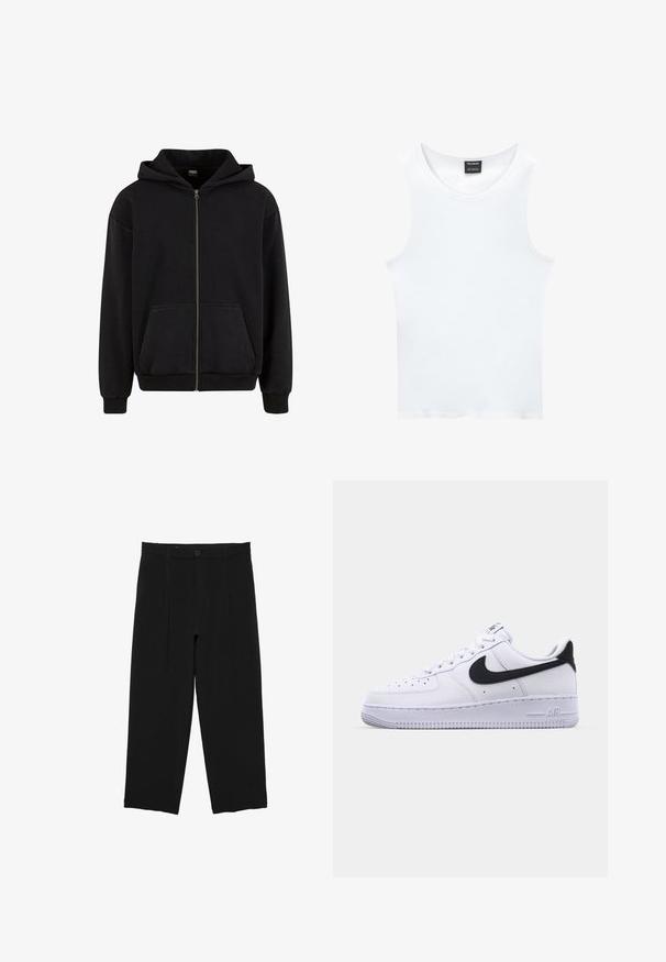 Urban Classics VINTAGE - Mikina so zipsom - black; Biely bezrukávový top z rebrovanej bavlny. Má zaoblený výstrih a hladkú textúru. Štítok hovorí "PULL&BEAR."; Čierne široké nohavice s pútkami na opasok, predným gombíkom a skladaným dizajnom, zobrazené na bielom pozadí.; Biele kožené tenisky s textúrovaným čiernym Swooshom, plochými šnúrkami a gumovou podrážkou s ryhovaným vzorom. Na päte je embosovaný nápis "AIR".