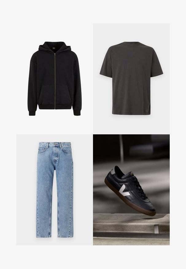 Urban Classics VINTAGE - Sweater met rits - black; Donkergrijs T-shirt met ronde hals van katoen, korte mouwen, een losse pasvorm en een klein logovlaggetje linksonder.; Lichtblauwe denim jeans met een losse pasvorm, recht gesneden pijpen, vijf zakken en zichtbare stikdetails op de naden.; Zwarte leren sneakers met een wit V-logo, vetersluiting aan de voorkant, geperforeerde details en een bruine rubberen zool; strak ontwerp met minimale accenten.