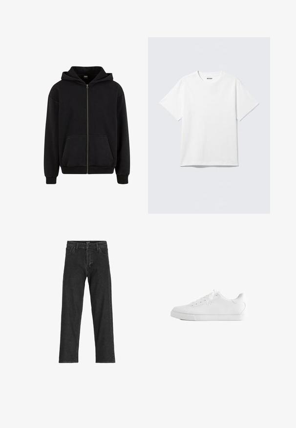 Urban Classics VINTAGE - Sweat zippé - black; T-shirt blanc à manches courtes et col rond, étalé à plat, design uni, avec l'étiquette "WEEKDAY" à l'intérieur du col sur un fond clair.; Jean en denim noir avec une coupe droite, dotée d'une fermeture éclair, de passants de ceinture et de six poches, confectionnée dans un tissu en coton robuste.; Baskets basses blanches avec lacets, dessus en cuir lisse et semelle extérieure en caoutchouc plate, vues de côté sur fond blanc.