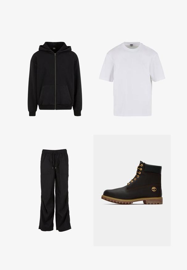 Urban Classics VINTAGE - Sudadera con cremallera - black; Camiseta blanca de manga corta hecha de algodón. Presenta un cuello redondo y un ajuste holgado. Textura suave, diseño minimalista, sin patrones ni adornos.; Pantalones cargo negros de corte relajado, con cintura elástica con cordón, dos bolsillos frontales y una textura suave de algodón.; Bota de cuero negro de tobillo con ojales dorados, acentos marrones y suela de goma. Presenta un cuello acolchado y un logotipo en relieve en el costado.