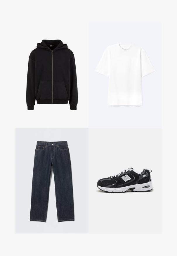 Urban Classics VINTAGE - Sweater met rits - black; Effen witte T-shirt met korte mouwen en ronde hals, met een losse pasvorm, weergegeven op een lichte achtergrond.; Donkerblauwe spijkerbroek met een rechte pasvorm, riemlussen, voor- en achterzakken en contrasterende stiksels. Geen zichtbare patronen of versieringen.; Zwarte en grijze sport schoenen met een bovenwerk van mesh en suede, voorzien van een witte tussenzool, veters en een gedurfde "N"-logo aan de zijkant.