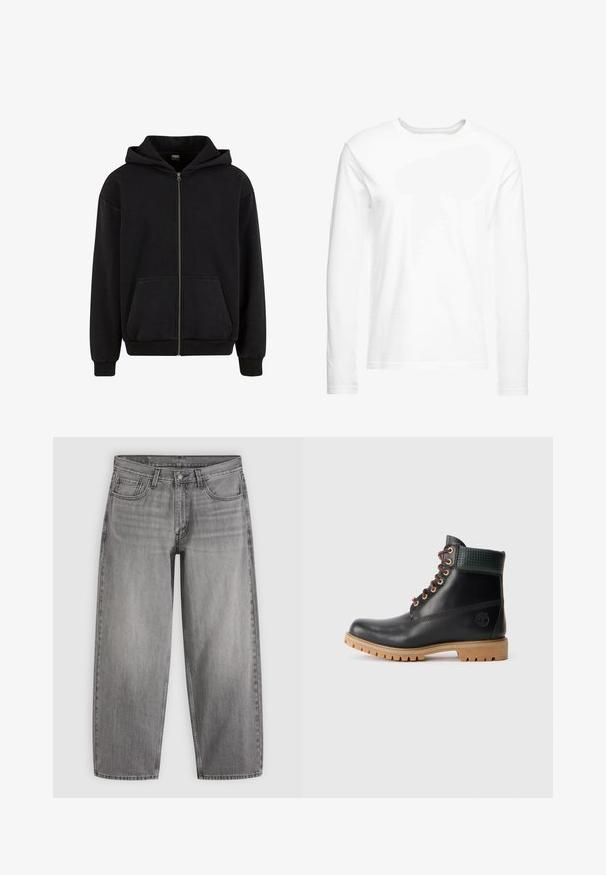 Urban Classics VINTAGE - Sweatjakke - black; Langærmet hvid t-shirt lavet af blød bomuld. Rund halsudskæring med lige skårne kanter og ingen synlige mønstre eller grafikker.; Jeans med lige ben i grå denim med knaplukning foran, bæltestropper og femlomme-stil på en ensfarvet baggrund.; Sort læder ankelstøvle med brune snørebånd, polstret grøn krave og tan gummisål med dybe riller, set fra siden på hvid baggrund.