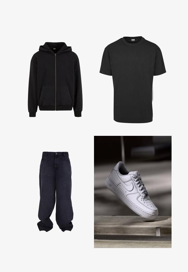 Urban Classics VINTAGE - Mikina so zipsom - black; Čierne bavlnené tričko s krátkymi rukávmi, okrúhlym výstrihom a štandardným strihom. Látka pôsobí hladko a bez ozdôb.; Čierne oversized voľné rifle s gombíkom a zipsom vpredu, predné vrecká a voľné, široké nohavice.; Biely kožený teniska Nike Air Force 1 má perforovanú špičku, ploché šnúrky a štruktúrovanú gumovú podrážku s nápisom „AIR“ na boku.