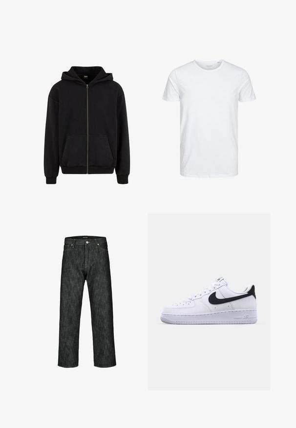 Urban Classics VINTAGE - Sweatjakke - black; Rundhals kortærmet t-shirt i ensfarvet hvid, lavet af blød bomuld, har et simpelt design uden synlige mønstre eller detaljer.; Mørk denimjeans med lige ben, der har kontrasterende syninger, en forlommer og en knaplukning i taljen.; Hvide lædersneakers med en struktureret sort Swoosh, flade snørebånd og en gummisål med et rillemønster. "AIR" er præget på hælen.