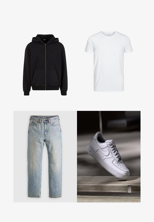 Urban Classics VINTAGE - Mikina so zipsom - black; Tričko s okrúhlym výstrihom a krátkym rukávom v čistej bielej farbe, vyrobené z jemnej bavlny, má jednoduchý dizajn bez viditeľných vzorov alebo akcentov.; Svetlomodré džínsy s vysokým pásom, predným gombíkom, zipsom a dizajnom s piatimi vreckami, rozložené na neutrálnom pozadí.; Biely kožený teniska Nike Air Force 1 má perforovanú špičku, ploché šnúrky a štruktúrovanú gumovú podrážku s nápisom „AIR“ na boku.