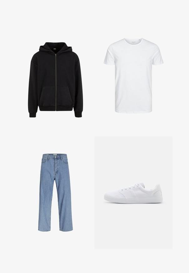 Urban Classics VINTAGE - Sweatjacke - black; Rundhals-T-Shirt mit kurzen Ärmeln in reinem Weiß, aus weicher Baumwolle, mit einem schlichten Design ohne sichtbare Muster oder Akzente.; Hellblaue Jeans aus Denim mit lockerer Passform, hoher Taille, weitem Bein und Fünf-Taschen-Design. Der Stoff hat eine weiche Textur.; Weiße Leinenschuhe mit Gummisohle, ausgestattet mit sechs Ösen, einer strukturierten Zehenkappe und minimalistischer Gestaltung.