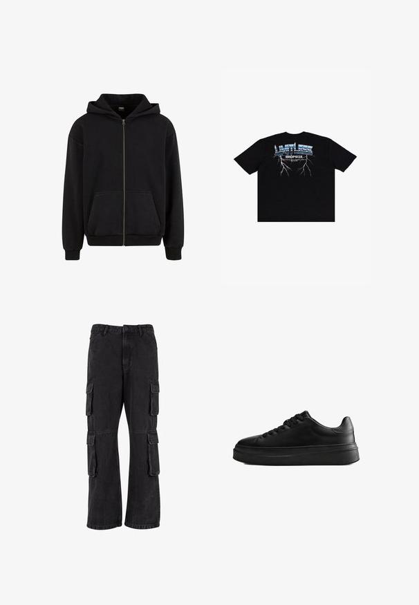 Urban Classics VINTAGE - Mikina so zipsom - black; Čierne bavlnené tričko s krátkymi rukávmi, na chrbte s veľkým grafickým potlačou v modrej a bielej farbe, doplnené dizajnovými akcentmi bleskov.; Čierne cargo nohavice vyrobené z denimu, s voľným strihom, viacerými postrannými vreckami a prešívanými detailmi. Textúra je mierne vyblednutá.; Čierny nízky teniska s hrubou podrážkou a šnurovaním vpredu, vyrobený z hladkej kože, zobrazený z boku na bielom pozadí.
