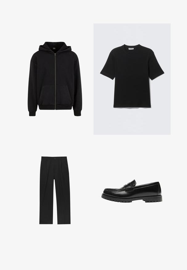 Urban Classics VINTAGE - Mikina so zipsom - black; Čierne tričko s krátkym rukávom a okrúhlym výstrihom, s nálepkou „WEEKDAY“ na vnútornej strane goliera, položené na svetlom pozadí.; Čierne nohavice s rovnými nohavicami, vyrobené z hladkej tkaniny. Majú predné puky a jediné gombíkové zapínanie v páse.; Čierna kožená mokasína s robustnou gumovou podrážkou a klasickým pásikom na penny, zobrazená z vonkajšej strany.