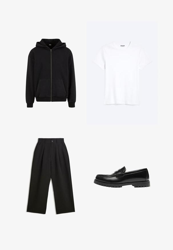 Urban Classics VINTAGE - Sweatjakke - black; Enkelt hvid T-shirt med korte ærmer og rund hals med synligt WEEKDAY-mærke i kraven, vist på en lys baggrund.; Sorte bukser med en afslappet pasform, der har plisseringer foran, sidelommer og knaplukning. Fremstillet af tekstureret stof.; Sort læderloafer med en kraftig gummisål og klassiske penny-strap detaljer, vist fra ydersiden.