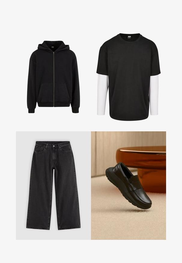 Urban Classics VINTAGE - Sudadera con cremallera - black; Camiseta negra de manga corta con una capa de manga larga blanca debajo. Hecha de algodón, con un cuello redondo y un corte relajado.; Vaqueros negros de pierna ancha con bolsillos delanteros, trabillas para cinturón y cierre de botones, mostrados sobre un fondo liso y claro.; Mocasín de cuero negro con suela gruesa, mostrado sobre una alfombra beige y cerca de una base de mesa redonda de color ámbar.