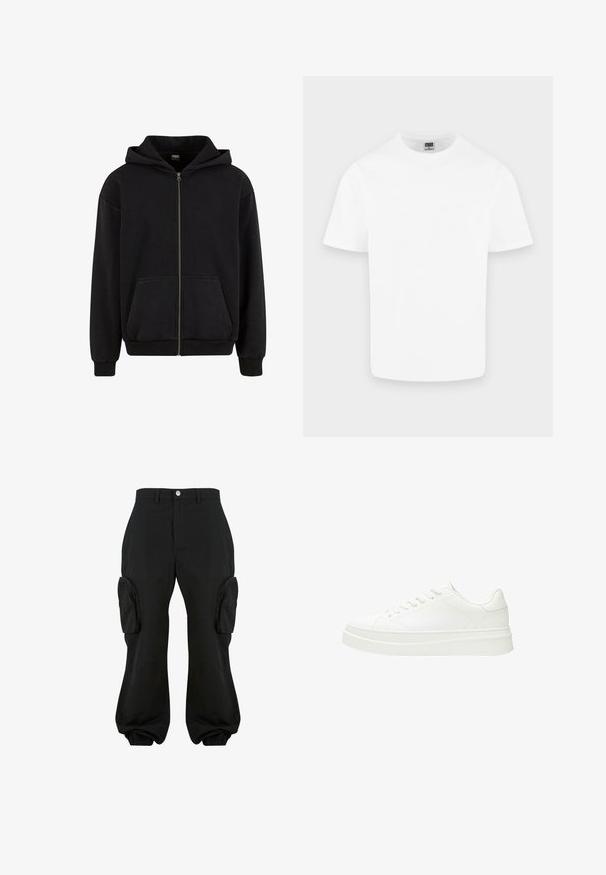 Sweat à capuche noir zippé intégral avec poches kangourou à l'avant et poignets et ourlet côtelés, affiché sur fond blanc.; T-shirt blanc uni en coton à manches courtes et col rond présenté sur un fond gris clair.; Pantalons cargo noirs avec une coupe décontractée, dotés de deux poches cargo latérales, de poignets élastiques aux chevilles et d'une fermeture à bouton à la taille.; Baskets blanches avec une tige en cuir lisse, des lacets plats et une semelle en caoutchouc épaisse. Le design minimaliste présente des coutures discrètes et des accents sans couture.