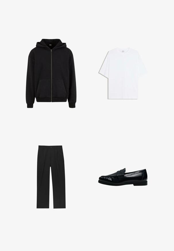 Urban Classics VINTAGE - Sweatjakke - black; Hvid oversized bomulds t-shirt med rund hals og korte ærmer; glat tekstur, uden synlige mønstre eller accenter.; Sorte bukser med lige ben, lavet af et glat stof. Har frontfolder og en enkelt knaplukning i taljen.; Sort herre penny loafer i læder med syninger på mok-toe og lav hæl, vist i sideprofil på hvid baggrund.