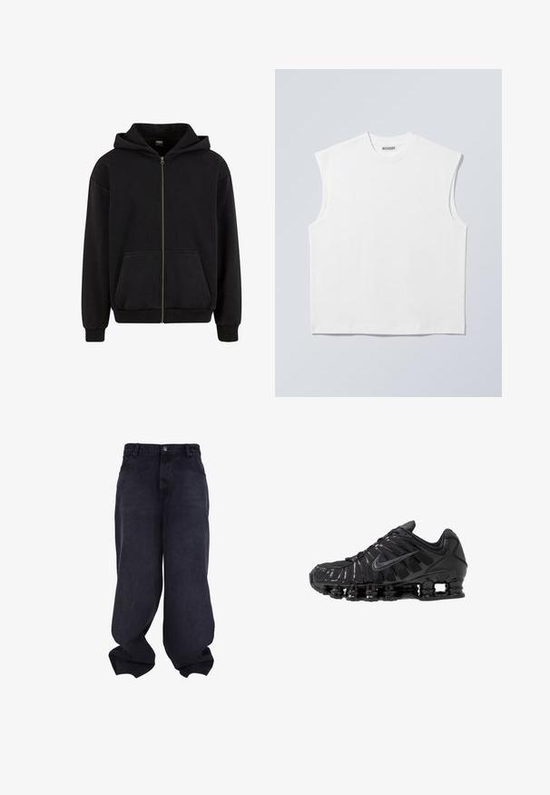 Urban Classics VINTAGE - Sweatjakke - black; Hvid ærmeløs bomulds top med rund hals og markerede skulderpartier, mærket "WEEKDAY" på halsmærket, vist på lys grå baggrund.; Sorte oversized løstsiddende jeans med knap- og lynlåsfrontlukning, forlommer og løse, brede ben.; Sorte atletikskoser lavet af mesh og syntetiske materialer, med et karakteristisk bølget design, sort gummisål og reflekterende detaljer.