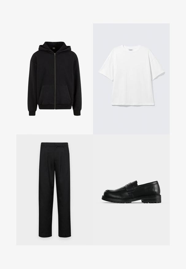 Sweat à capuche noir zippé intégral avec poches kangourou à l'avant et poignets et ourlet côtelés, affiché sur fond blanc.; T-shirt blanc oversize à manches courtes, col rond, épaules tombantes, posé à plat sur fond gris clair.; Pantalons noirs en tissu lisse, avec une coupe droite, deux plis avant et une taille standard avec passants de ceinture.; Mocassin en cuir noir avec semelle épaisse et couture moc toe, vu de profil sur un fond uni clair.