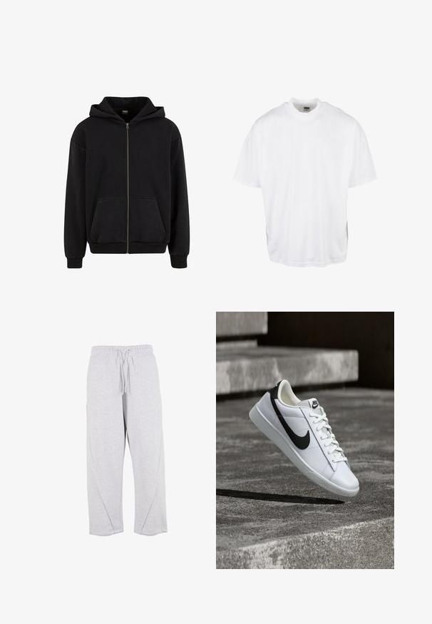 Urban Classics VINTAGE - Lukuga pusa - black; Valge puuvillane t-särk, millel on mugav lõige, lühikesed varrukad ja ümar kaelus, sirge äär ja ilma nähtavate graafikute või mustriteta.; Heledad hallhalli reklaamitud vöökohtadega ja kohandatava nööriga heledad hallid pusakübarad. Valmistatud pehmest, tekstureeritud kangast külgõmblustega.; Valge nahast Nike toss musta embleemiga, paelad seotud, hõljub tekstureeritud hallide betoonastmete kohal.