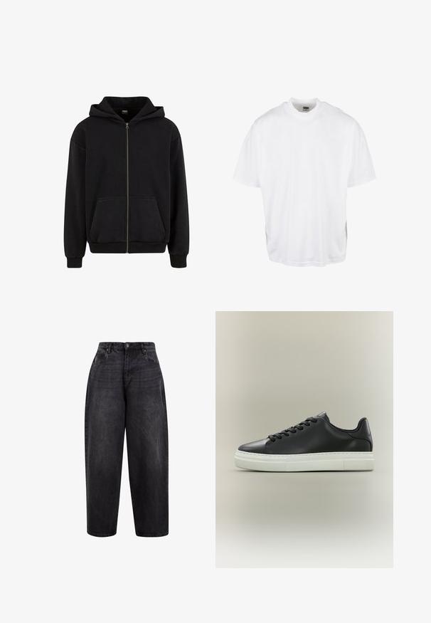 Urban Classics VINTAGE - Sweat zippé - black; T-shirt en coton blanc avec une coupe décontractée, des manches courtes et un col rond, présentant un ourlet droit et sans graphiques ni motifs visibles.; Jean en denim noir à taille haute, avec une fermeture à bouton, des poches avant et une texture légèrement délavée pour un look décontracté.; Basket basse en cuir noir avec lacets noirs et semelle épaisse en caoutchouc blanc sur fond neutre.