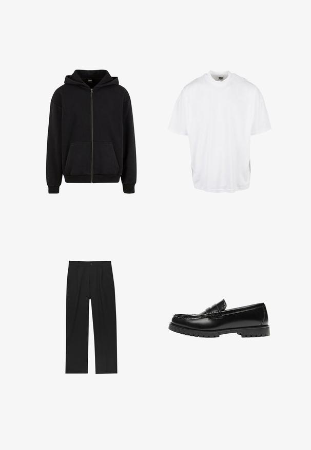 Urban Classics VINTAGE - Mikina so zipsom - black; Biela bavlnená tričko s voľným strihom, krátkymi rukávmi a okrúhlym výstrihom, s rovný lemom a bez viditeľných grafík alebo vzorov.; Čierne nohavice s rovnými nohavicami, vyrobené z hladkej tkaniny. Majú predné puky a jediné gombíkové zapínanie v páse.; Čierna kožená mokasína s robustnou gumovou podrážkou a klasickým pásikom na penny, zobrazená z vonkajšej strany.