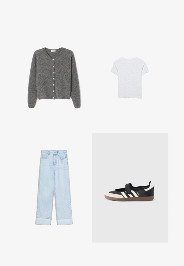 Grå uld cardigan med rund hals, prydet med syv knapper foran og en blød, tekstureret overflade. Ærmerne er en smule løse.; Lysegrå kortærmet T-shirt med rund hals, lagt fladt på en hvid baggrund, set forfra.; Lyseblå denimjeans med høj talje, vidde ben, oprullede manchetter og to forlommer. Stoffet har en let falmet tekstur.; Sort og beige sko med velcrolukning, tre hvide striber på siden og en tekstureret brun gummisål. Mærkelogo er synligt.