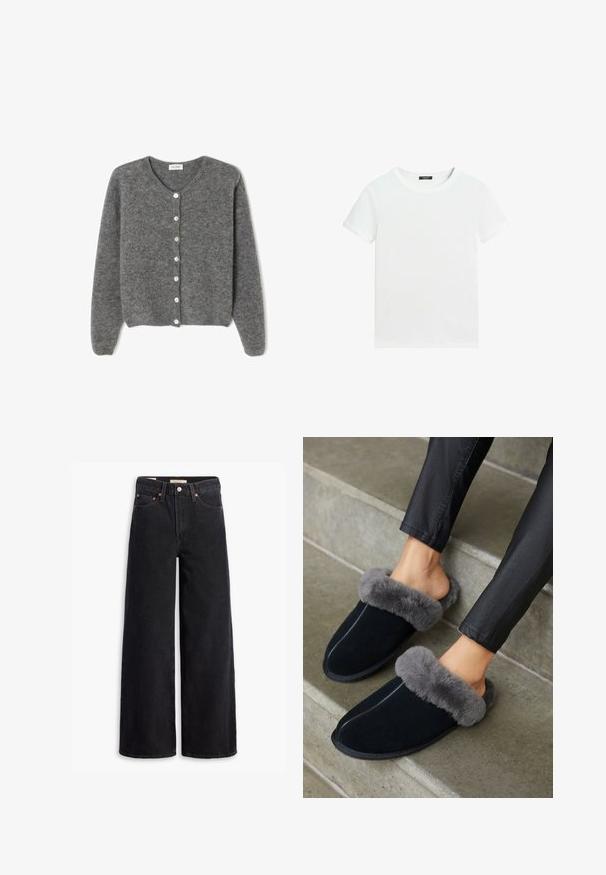 Grau gestrickte Wolle-Cardigan mit rundem Ausschnitt, ausgestattet mit sieben Vorderknöpfen und einer weichen, strukturierten Oberfläche. Die Ärmel sind leicht weit.; Schlichtes weißes T-Shirt mit kurzen Ärmeln, rundem Halsausschnitt und einem kleinen schwarzen Etikett innen am Kragen.; Schwarze weite Jeans aus Denim mit fünf Taschen, Kupferrivets und einem klassischen Knopfverschluss. Glatte Textur mit einem klaren Design.; Schwarze Wildlederpantoffeln mit einem grauen Kunstfellbund, runder Zehenpartie und Kontrastnähten. Weiche Textur und Slipper-Design für ein einfaches Anziehen.