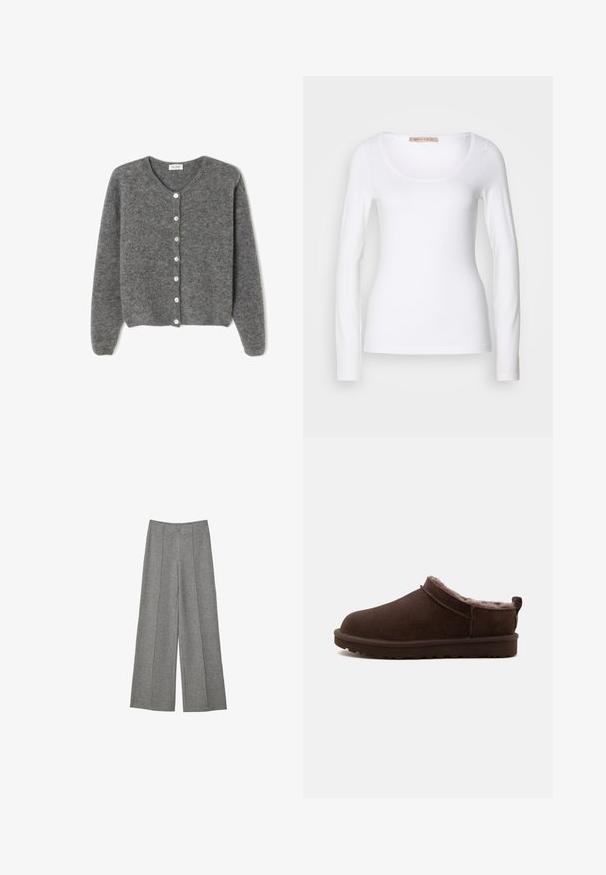 Grå uld cardigan med rund hals, prydet med syv knapper foran og en blød, tekstureret overflade. Ærmerne er en smule løse.; Langærmet hvid bomulds T-shirt med rund halsudskæring og tætsiddende design, med glat tekstur og uden udsmykninger.; Grå vidde bukser lavet af et tekstureret stof. Har folder, der løber ned ad fronten, en talje og ingen synlige lukninger.; Brun slip-on hjemmesko med blød, plyssåle og flad gummisål, designet til indendørs komfort og varme.