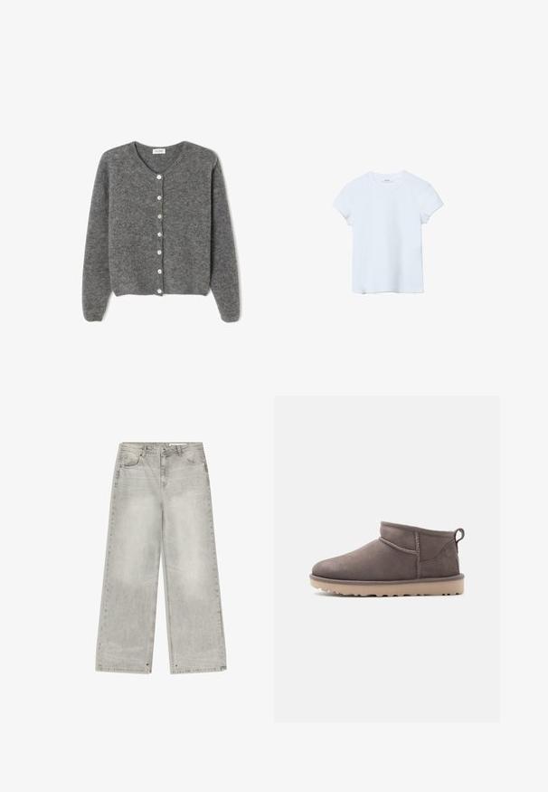 Grå uld cardigan med rund hals, prydet med syv knapper foran og en blød, tekstureret overflade. Ærmerne er en smule løse.; Lyseblå T-shirt med korte ærmer og rund hals lagt fladt på hvid baggrund.; Grå denim jeans med brede ben har en falmet finish, fem lommer og metalhardware. Stoffet har en blød tekstur med en ren kant.; Lav brun ruskindssko med lav ankelhøjde, slidstærk sål og træksnor på en ensartet baggrund.