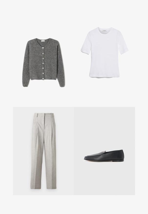 Grå uld cardigan med rund hals, prydet med syv knapper foran og en blød, tekstureret overflade. Ærmerne er en smule løse.; Hvid kortærmet t-shirt lavet af ribbet stof. Rund halsudskæring, almindelig pasform og subtile syninger. Ingen mønstre eller grafik.; Lys grå bukser med en tekstureret overflade, der har et høj talje-design og to frontfold. Lige snit uden synlige lommer.; Sorte læderloafers med en glat tekstur, rundet tå og subtile syningsdetaljer. Har en guldfarvet logoaccent på oversiden.