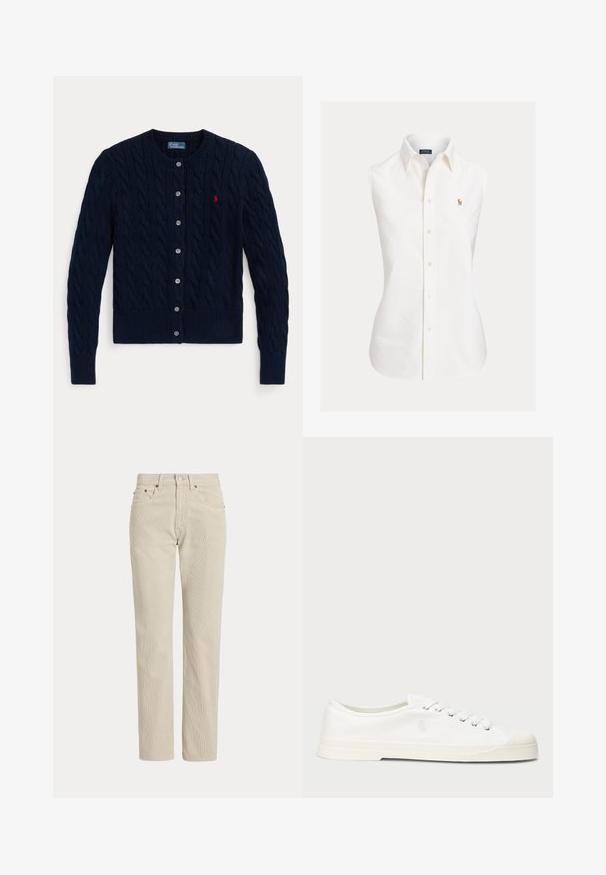 Navy blue cable knit cardigan with round neck, button front, ribbed cuffs and hem, and small red embroidered logo on the chest.; White sleeveless shirt made of cotton, featuring a pointed collar, button front, and a small embroidered logo on the left side.; Beige straight-leg corduroy pants with belt loops, front button, zip closure, and front pockets.; White canvas sneaker with a round toe, lace-up closure, and subtle logo detail. Features a textured fabric and rubber sole.