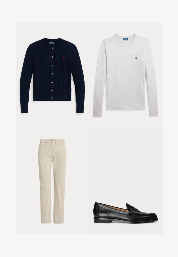 Marineblauwe kabelgebreide cardigan met ronde hals, knopen vooraan, geribde manchetten en zoom, en klein rood geborduurd logo op de borst.; Lichtgrijze longsleeve met ronde hals en een blauw Polo Ralph Lauren-logo geborduurd op de linkerborst.; Beige corduroy broek met rechte pijpen, riemlussen, knoop aan de voorkant, ritssluiting en voorzakken.; Lauren Ralph Lauren WYNNIE - Instappers - black