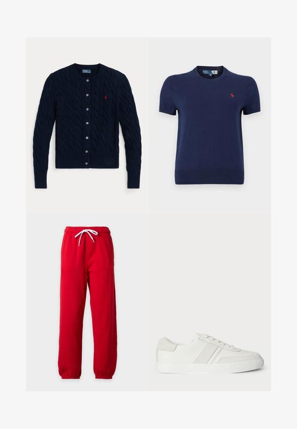 Marineblauwe kabelgebreide cardigan met ronde hals, knopen vooraan, geribde manchetten en zoom, en klein rood geborduurd logo op de borst.; Marineblauw gebreid t-shirt met korte mouwen, een ronde hals en een klein rood logo op de linkerborst. Soepele textuur, casual pasvorm.; Rode joggingbroek met witte trekkoorden, elastische tailleband en elastische boorden op een effen lichte achtergrond.; Witte sneaker met een glad leren bovenzijde, suède accenten en platte veters. Voorzien van een geëxtraheerde rubberen zool en een minimalistisch ontwerp.