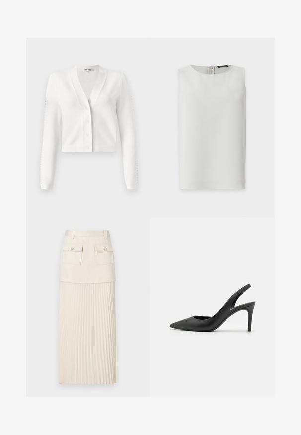 Witte cropped cardigan met een V-hals, knoopsluiting aan de voorkant en ribgebreide mouwen met uitsparingen. Zachte stof met een gladde textuur.; Mouwloze witte blouse met ronde hals en zichtbare ritssluiting op de rug, getoond tegen een effen witte achtergrond.; Crèmekleurige plooirok met een aansluitend bovenstuk, voorzien van twee voorzakken en decoratieve knopen. Het materiaal is glad, met een vloeiend, gestructureerd onderste gedeelte.; Zwarte leren slingback hoge hakken met een puntige neus, met een uitsparing aan de voorkant en een dunne stilettohak.