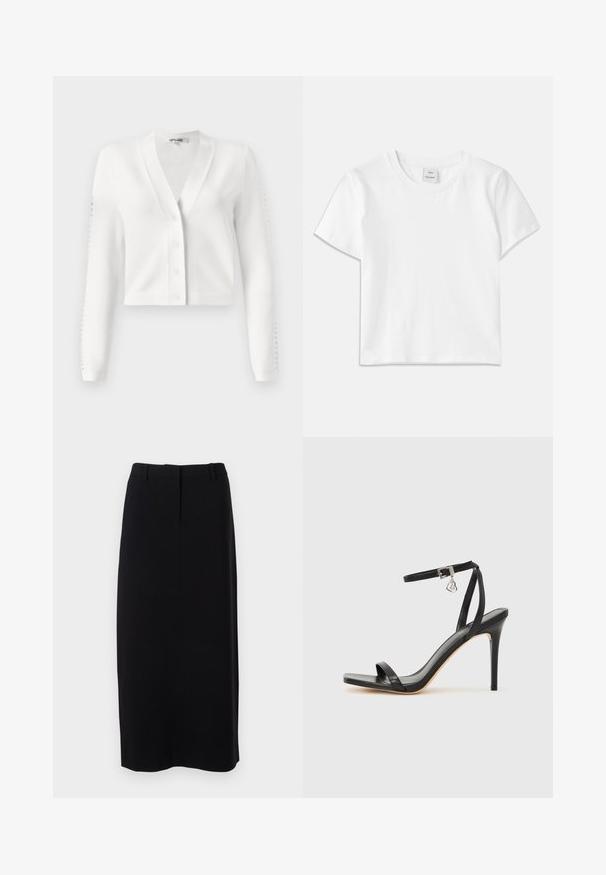 Witte cropped cardigan met een V-hals, knoopsluiting aan de voorkant en ribgebreide mouwen met uitsparingen. Zachte stof met een gladde textuur.; Witte katoenen t-shirt met een ronde hals, korte mouwen en een rechte zoom. Label met "Won Hundred" aan de voorkant van de halslijn.; Zwarte, knie-lange kokerrok van een soepele stof met een aansluitende taille, voorzien van subtiele plooien aan de voorkant en zonder zichtbare sluitingen.; Zwarte sandaal met hoge hak, smalle enkelband, vierkante neus, soepel leermateriaal en metalen gespsluiting.