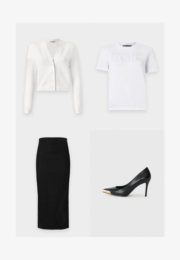 Cárdigan blanco corto con escote en V, botonera frontal y mangas acanaladas con detalles de agujeros. Tejido suave con una textura lisa.; Camiseta blanca de manga corta con el texto "Versace Jeans Couture" en gris claro en el pecho, cuello redondo y ajuste regular.; Falda lápiz negra de tela lisa, con silueta ajustada, diseño hasta la rodilla y un pequeño logo de la marca cerca de la cintura.; Zapato de tacón alto de cuero negro con puntera afilada; presenta un detalle metálico dorado en la tapa del tacón. Superficie lisa con un diseño elegante.