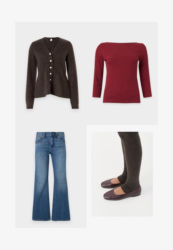 Cardigan marron pelucheux avec un col en V, des manches longues, et six boutons blancs sur le devant. Forme légèrement évasée à l'ourlet.; Haut à manches longues côtelé rouge foncé uni avec un large col bateau et une silhouette ajustée sur fond gris clair.; Jean en denim bleu taille haute, design classique à cinq poches, bouton métallique, et jambes évasées larges.; Ballerines en cuir verni bourgogne à bout carré, accompagnées de chaussettes en tricot côtelé marron foncé atteignant le molet.