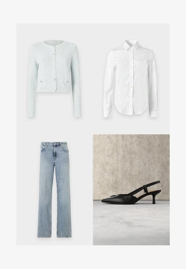 Lichtblauwe cropped cardigan van gestructureerde stof, met lange mouwen, een ronde halslijn en vijf knopen met decoratieve accenten.; Witte blouse met lange mouwen gemaakt van katoen, met een puntige kraag, knoopsluiting aan de voorkant met gele knopen en een subtiele geborduurde logo op de borst.; Lichtblauwe, wijde jeans gemaakt van denim. Voorzien van een knoop- en ritssluiting, voorzakken en subtiele vervaging. Schone zoom.; Zwarte slingback kittenheel met puntige neus en metalen logodetail, zwevend bij een reflecterend oppervlak en een metalen rek met papieren.